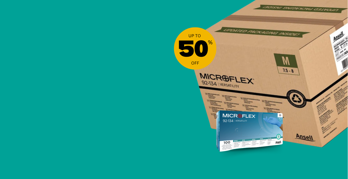 Teal Green Background with a case Microflex 92-134 Versatility nitrile gloves and 50% off icon