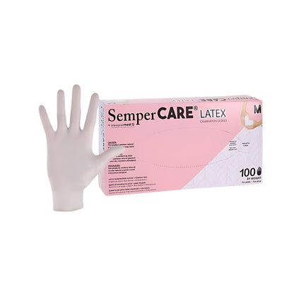 Pink box of medium SemperCare® powdered latex gloves, 100 count, from SemperMed®