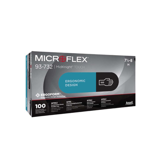 Box of MICROFLEX MIDKNIGHT TOUCH black nitrile gloves, 100 count