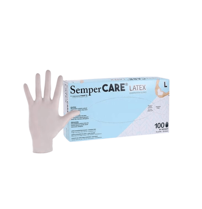 Blue box of large SemperCare® powdered latex gloves, 100 count, from SemperMed®