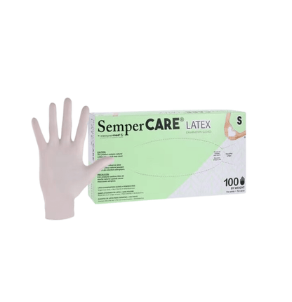 Green box of small SemperCare powdered latex gloves, 100 count, from SemperMed