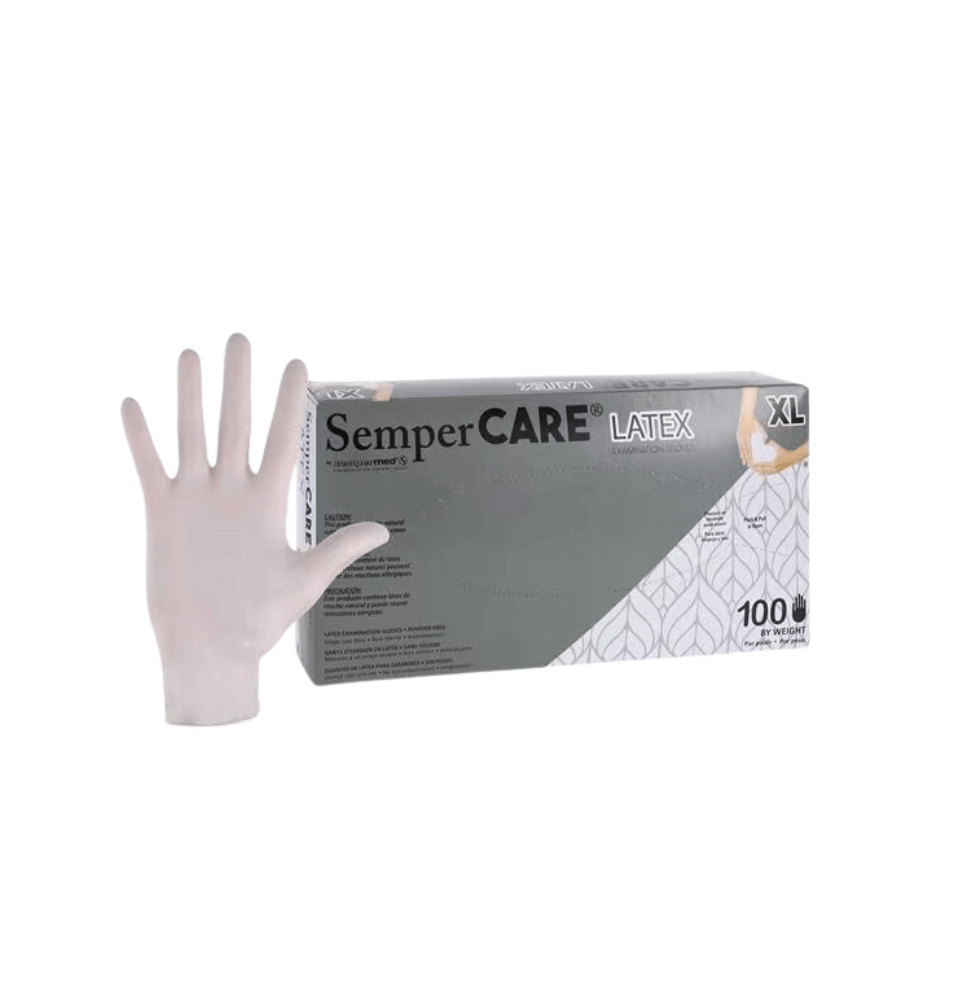 Gray box of extra large SemperCare® powdered latex gloves, 100 count, from SemperMed®