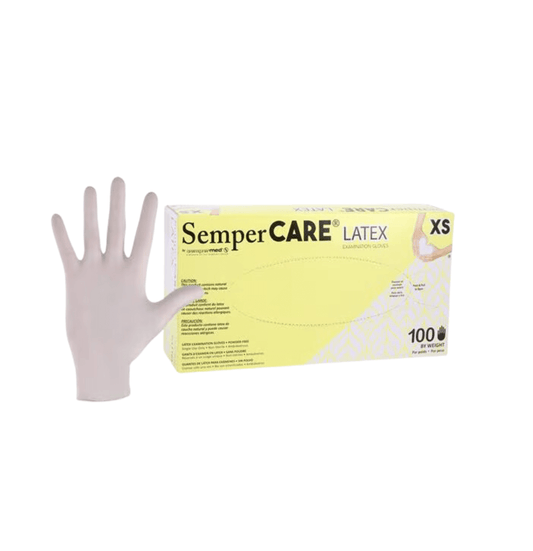Yellow box of extra small SemperCare® powdered latex gloves, 100 count, from SemperMed®
